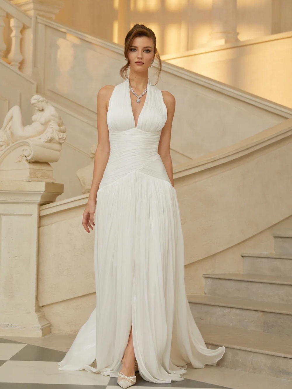 Elegant White Halter Bridal Dress